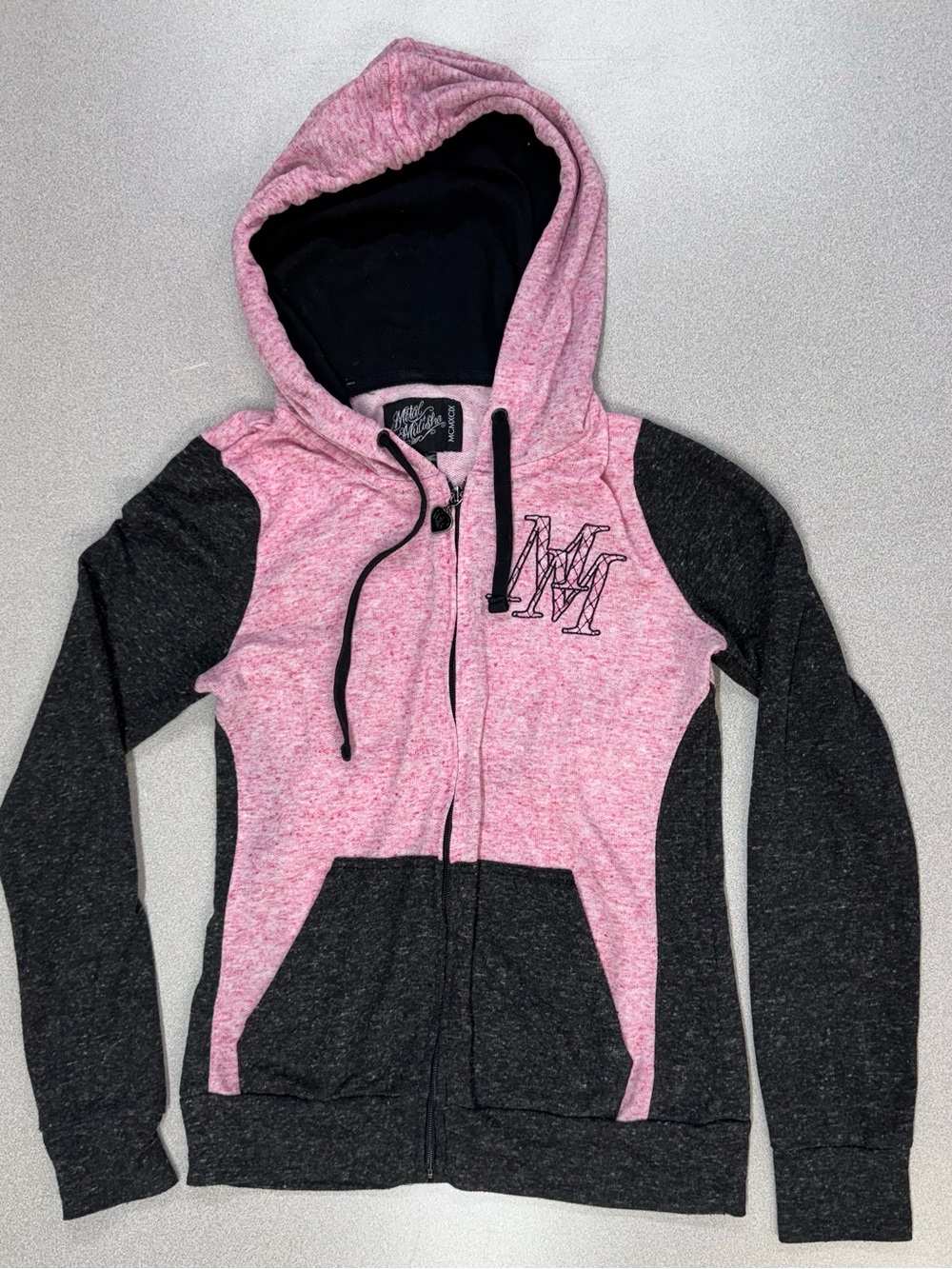 Metal Mulisha Y2K Pink Heart Rose Cog Graphic Logo Heathered Grey Hoodie Zip Up
